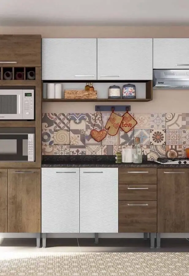 papel de parede estampado para decoração de cozinha modulada Foto Pinterest