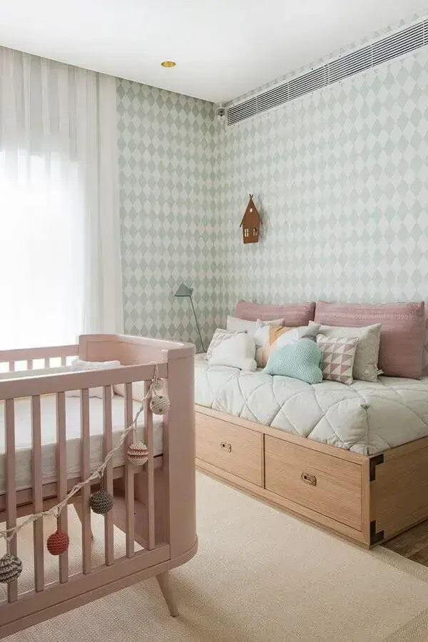 papel de parede para quarto de bebê verde e rosa Foto Casar É...