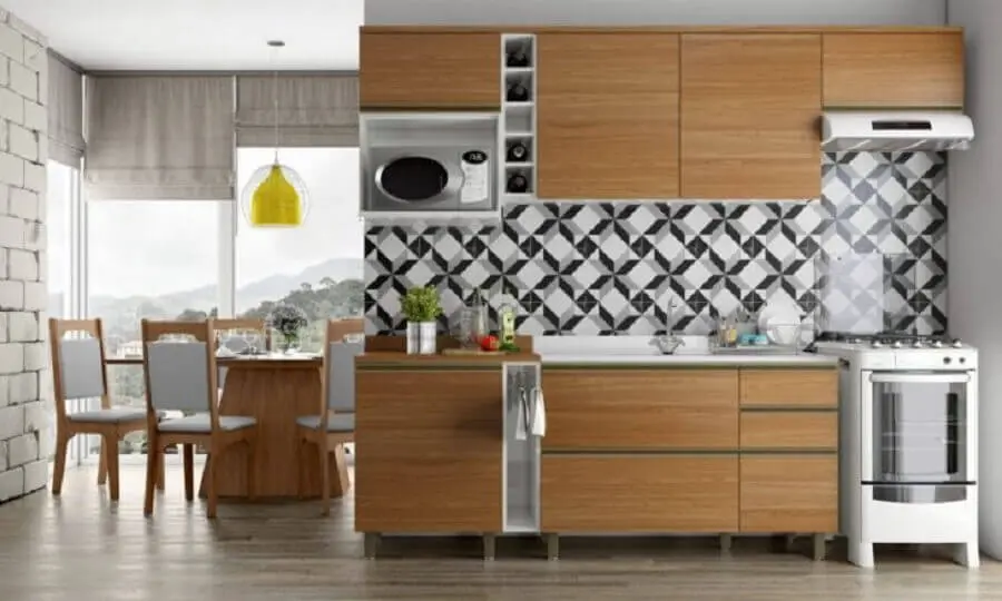 revestimento geométrico para decoração de cozinha modulada com armários de madeira Foto Pradel Móveis