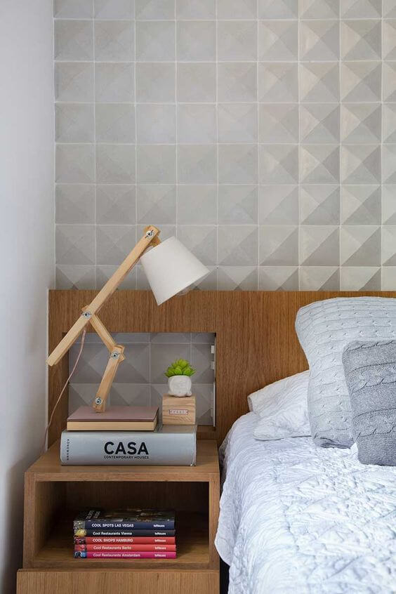 Revestimento 3d para quarto moderno com cabeceira de madeira