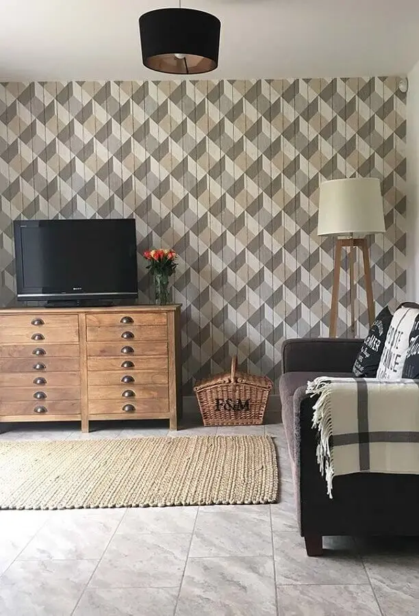 sala de estar decorada com papel de parede geométrico Foto Pinterest
