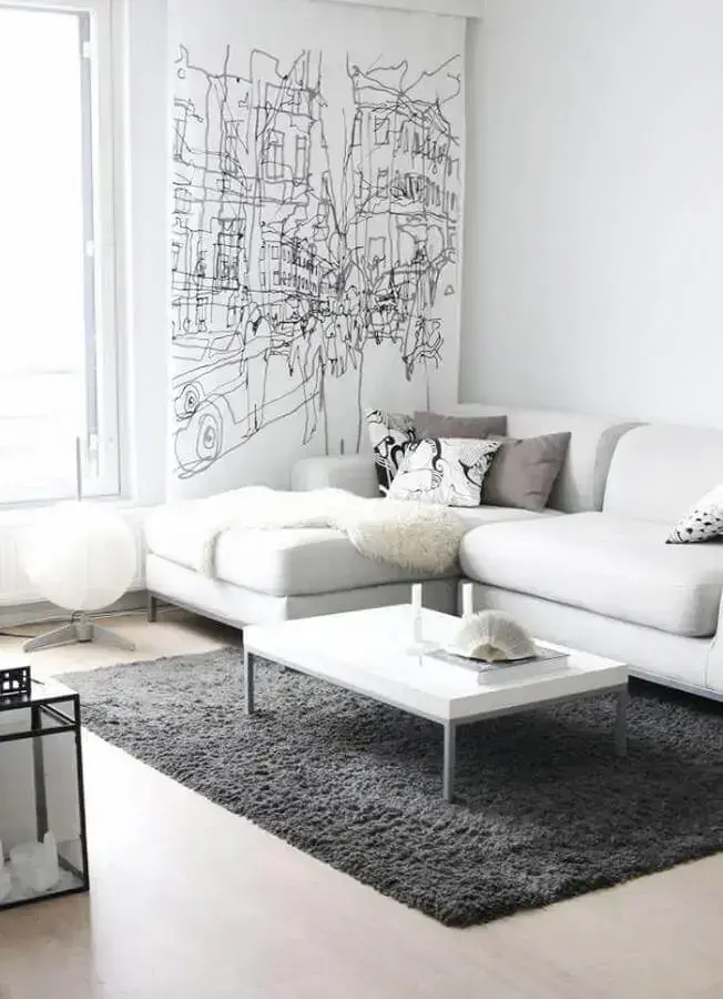 decoração clean para sala com tapete cinza e sofá de canto branco Foto We Heart It