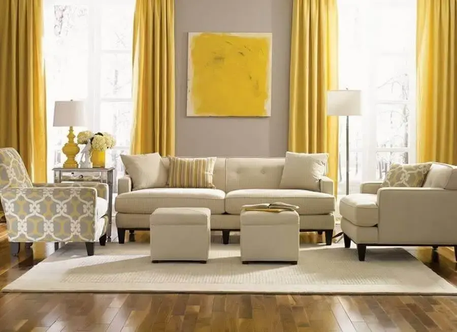 decoração cor creme e amarelo para sala de estar Foto Pinterest