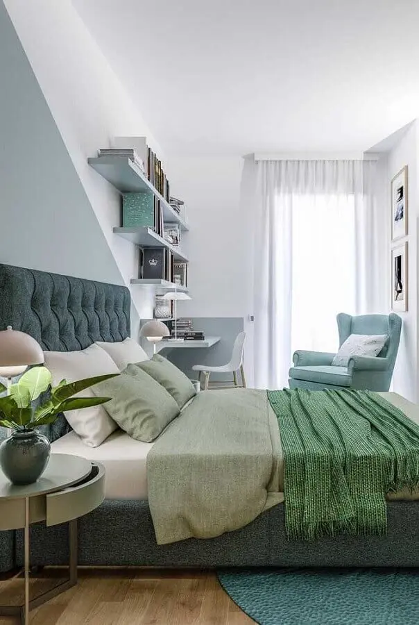 decoração de quarto de solteiro feminino branco e verde Foto Pinterest