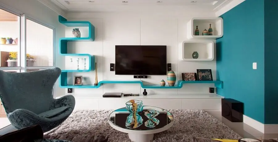 decoração de sala azul turquesa e branca Foto Pinterest