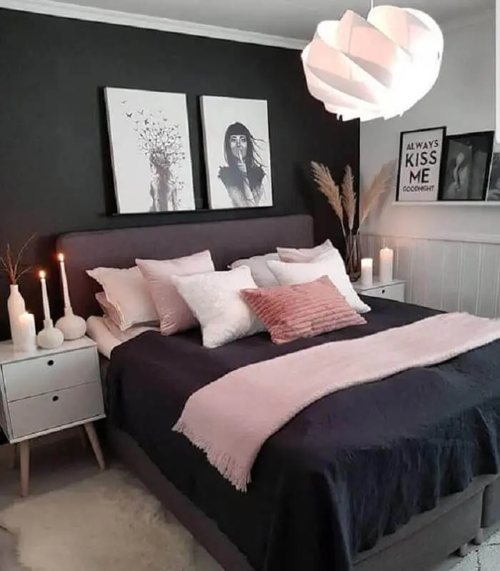 decoração moderna para quarto de solteiro feminino preto e rosa Foto Pinterest