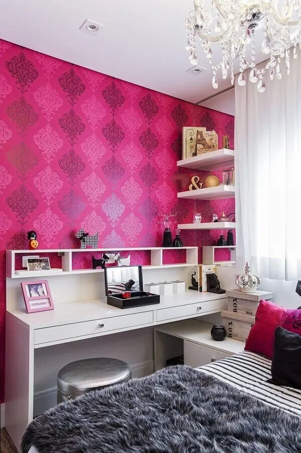 papel de parede rosa para decoração de quarto de solteiro feminino Foto Pinterest