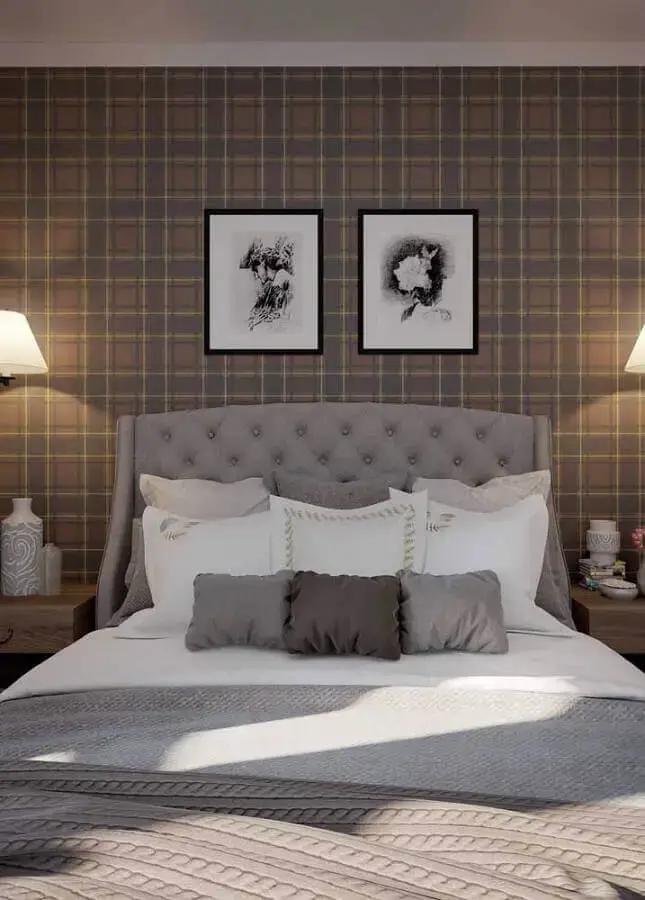 quarto de casal bonito decorado com papel de parede xadrez e cabeceira capitonê cinza Foto Pinterest