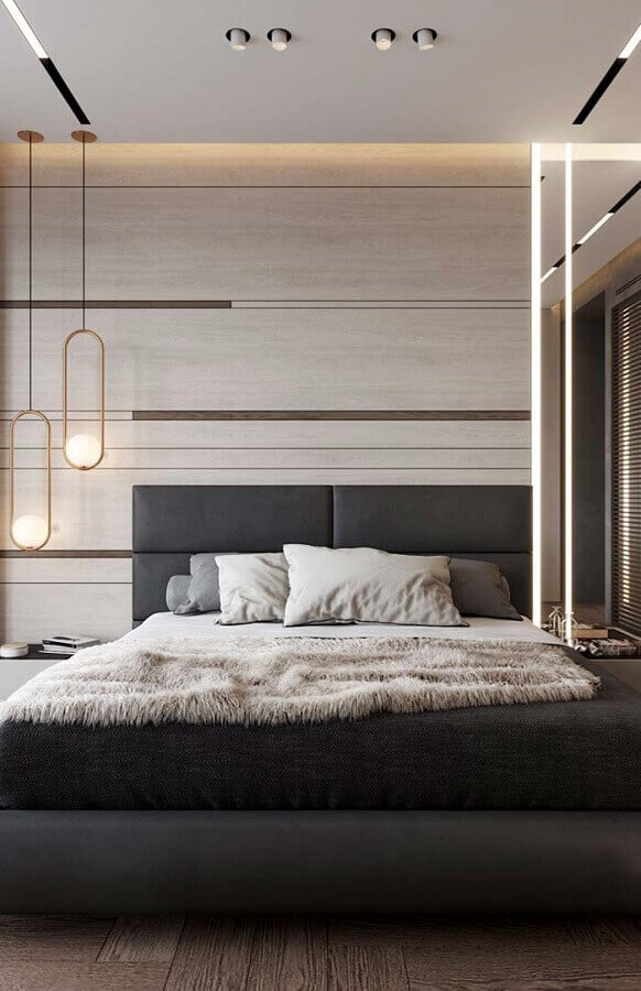 quarto moderno decorado com cabeceiras casal cinza estofada Foto Webcomunica