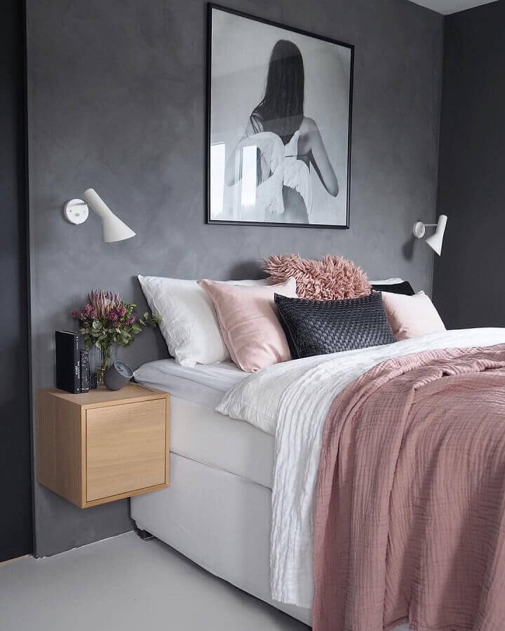 quarto moderno decorado na cor cinza chumbo e rosa Foto Pinterest