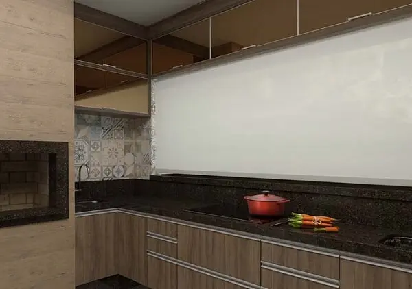 Para quebrar o padrão da cozinha com granito café imperial procure investir em uma parede clara