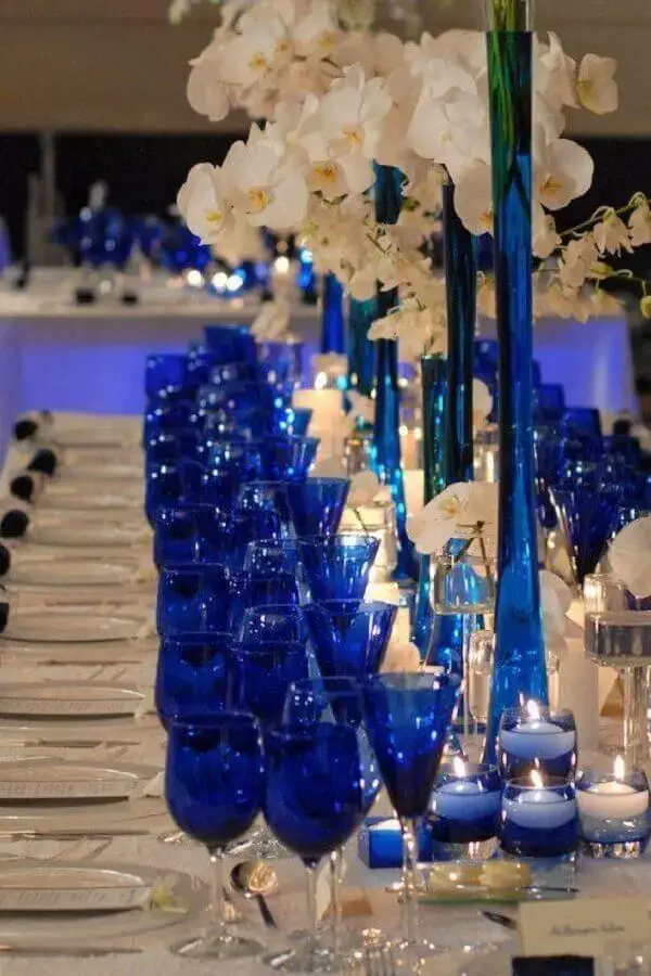 white orchid arrangements for royal blue and white wedding decoration Photo My Wedding