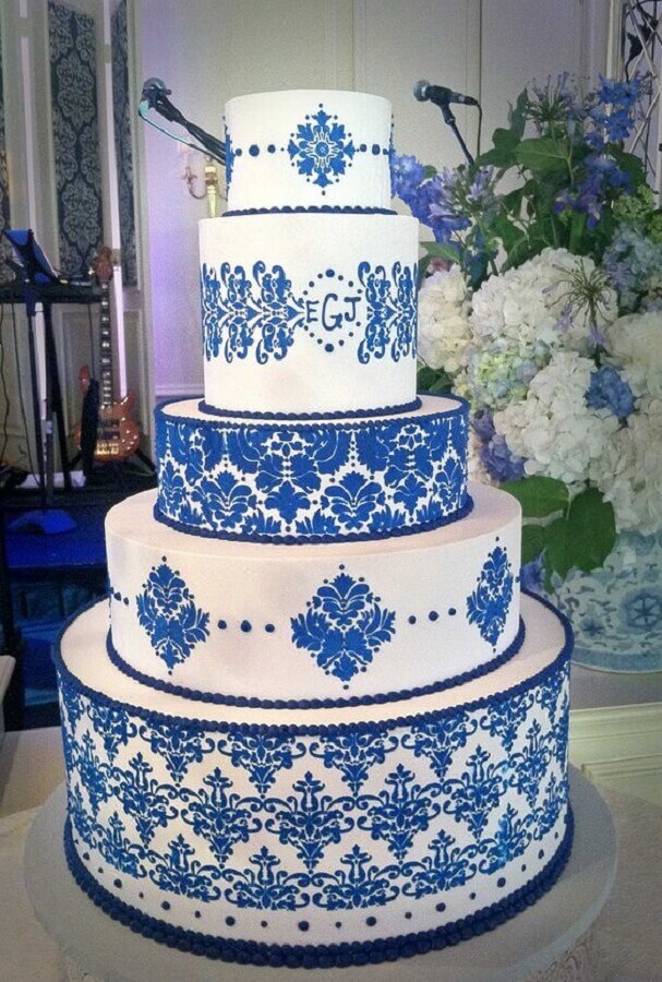 bolo decorado para casamento azul e branco Foto Bolos de Casamento