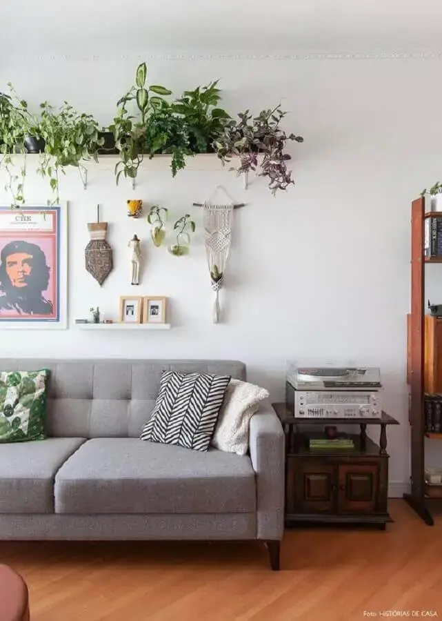 decoração com plantas na parede de sala simples com sofá cinza Foto Histórias de Casa