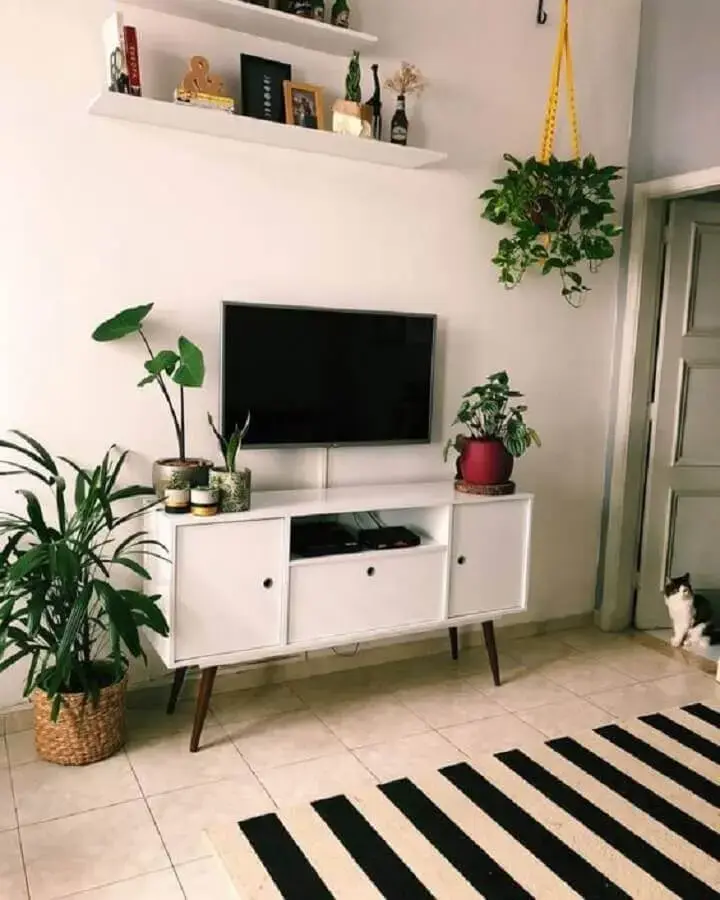 decoração com plantas para sala simples com tapete listrado e rack retrô Foto Pinterest