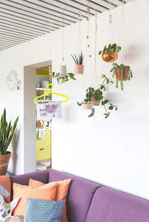 decoração com plantas pendentes para sala de estar simples Foto Revista Artesanato