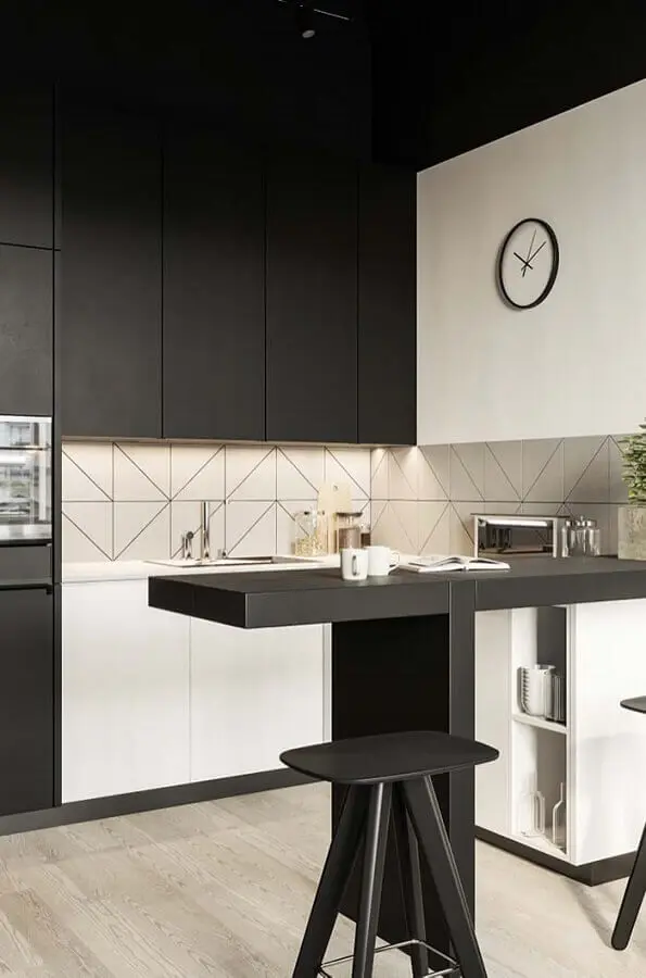 decoração moderna para cozinha pequena em U preta e branca Foto Webcomunica
