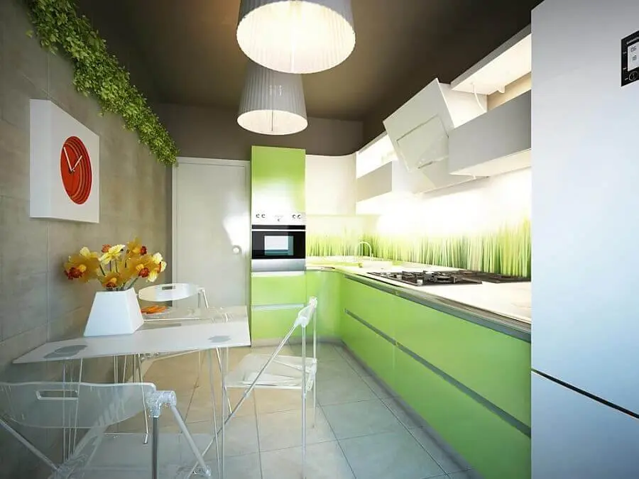 decoração moderna para cozinha verde branca e cinza com armários planejados Foto Yandex
