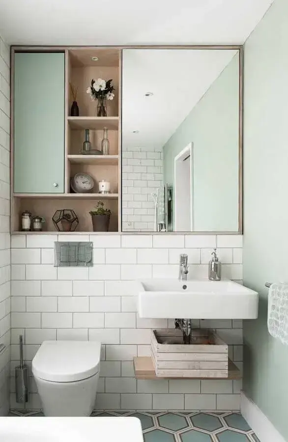 decoração simples para banheiro verde menta e branco Foto Pinterest