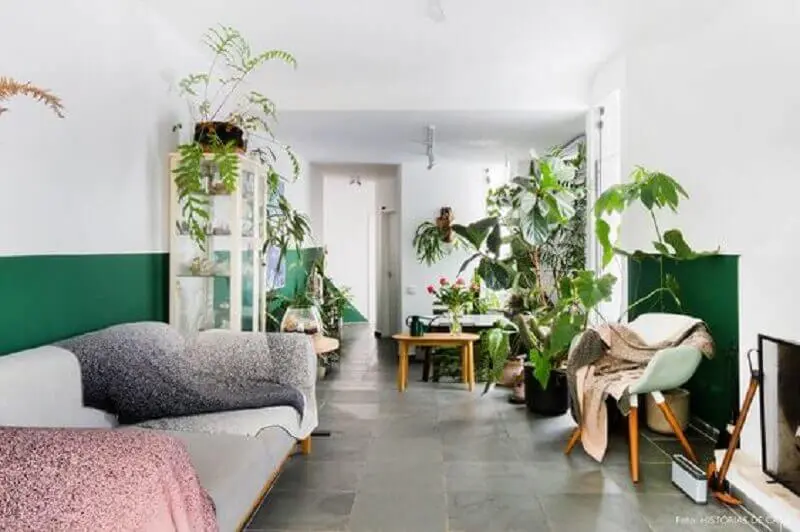 decoração simples para sala verde e branca com vários vasos de plantas Foto Histórias de Casa