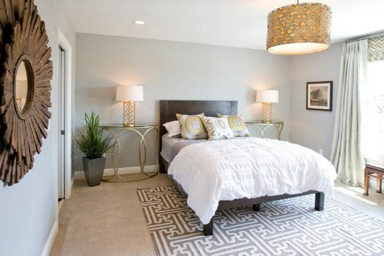 estampa geométrica para tapete para quarto de casal com cama de madeira foto decorando casas