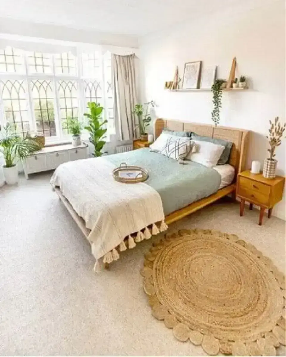 peseira para quarto de casal amplo decorado com tapete sisal redondo e móveis de madeira Foto Pinterest
