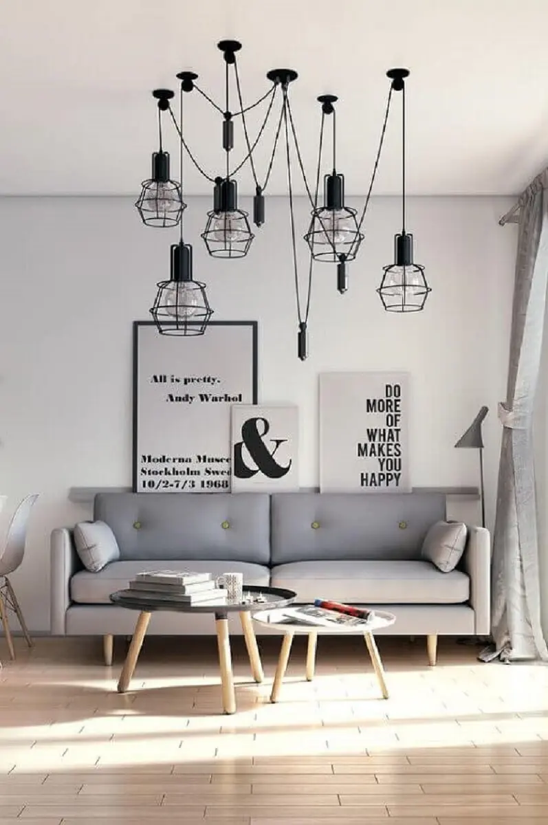 quadros com frases para sala minimalista com luminária aramada preta Foto Chateau de Conques