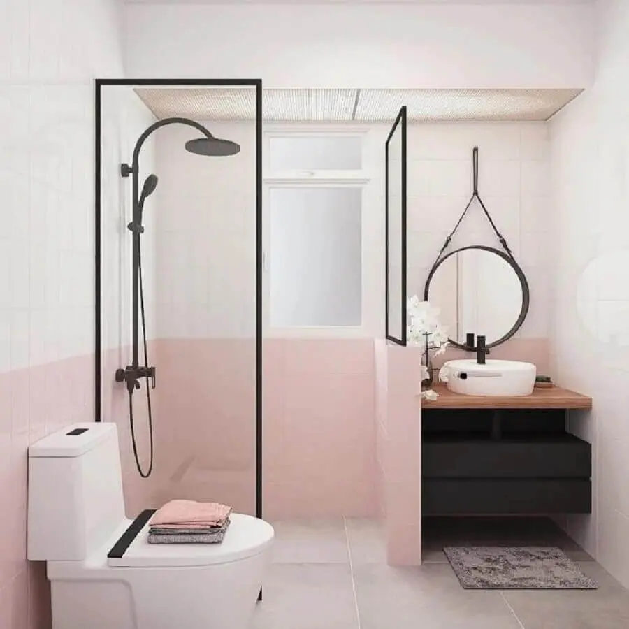 banheiro moderno decorado na cor de pérola e rosa pastel Foto Lar 5Sete