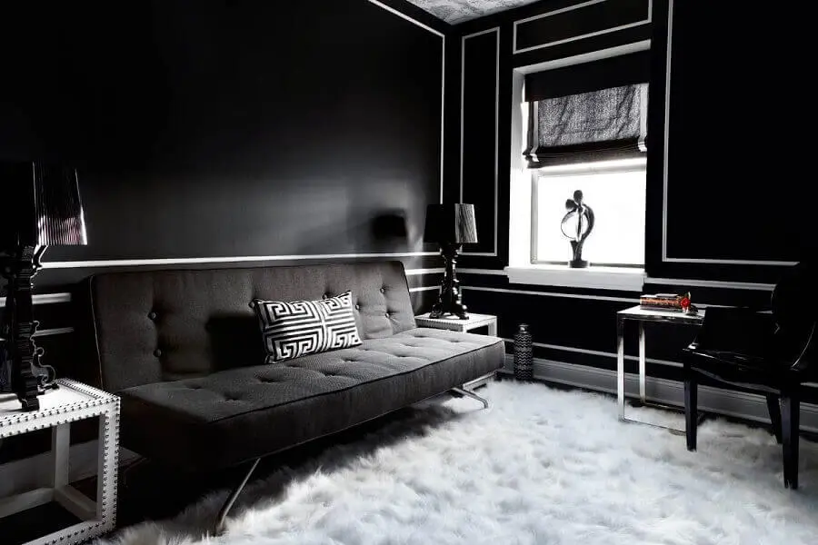 decoração de sala preta com tapete felpudo branco Foto Futurist Architecture