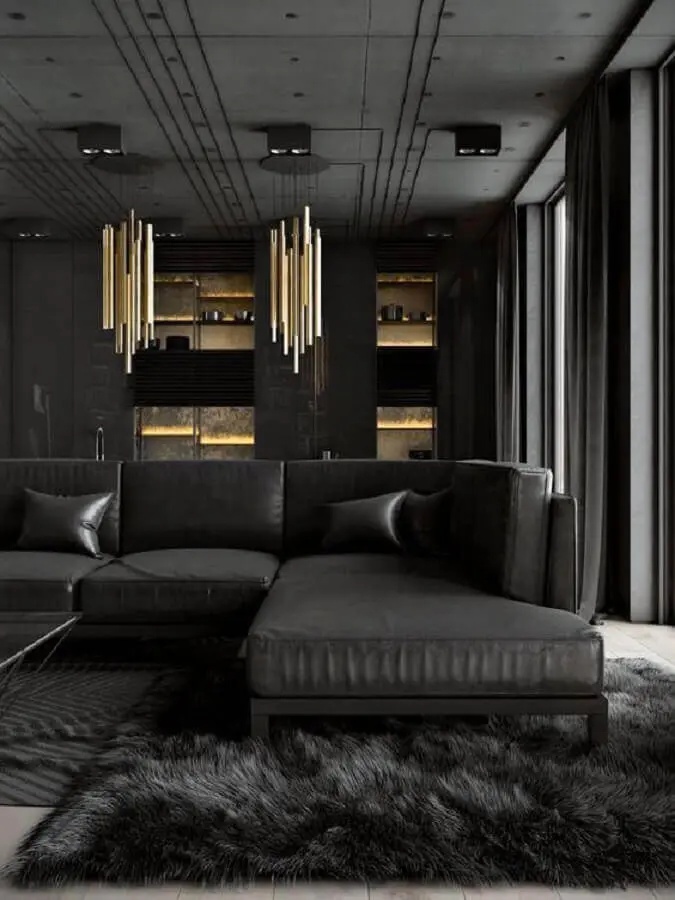 decoração moderna e sofisticada com tapete para sala preto felpudo Foto TheUnstitchd