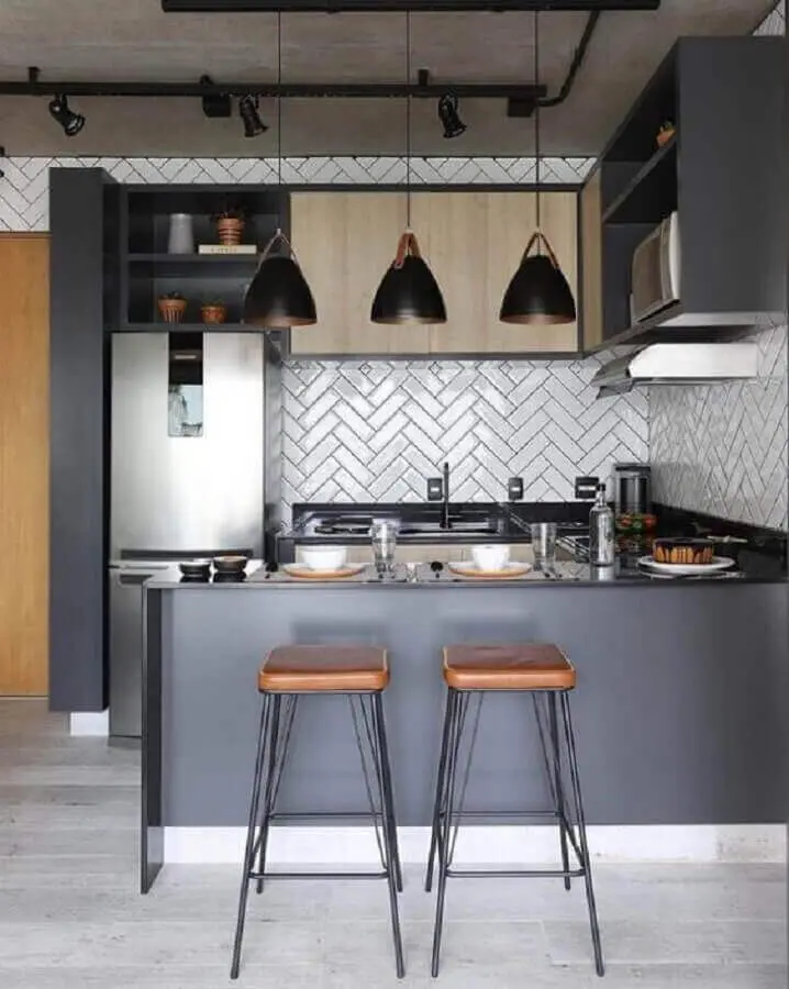 ideias para cozinha americana pequena e moderna com armários cinza Foto Futurist Architecture