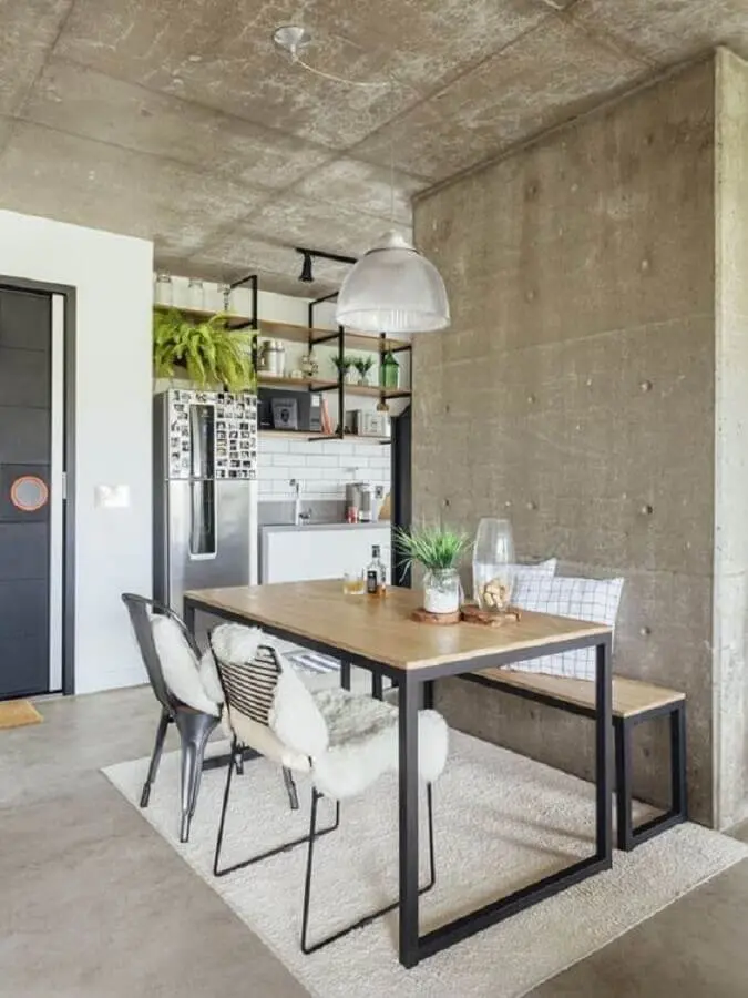 mesa com banco e cadeiras para decoração de sala de jantar com estilo industrial Foto Futurist Architecture