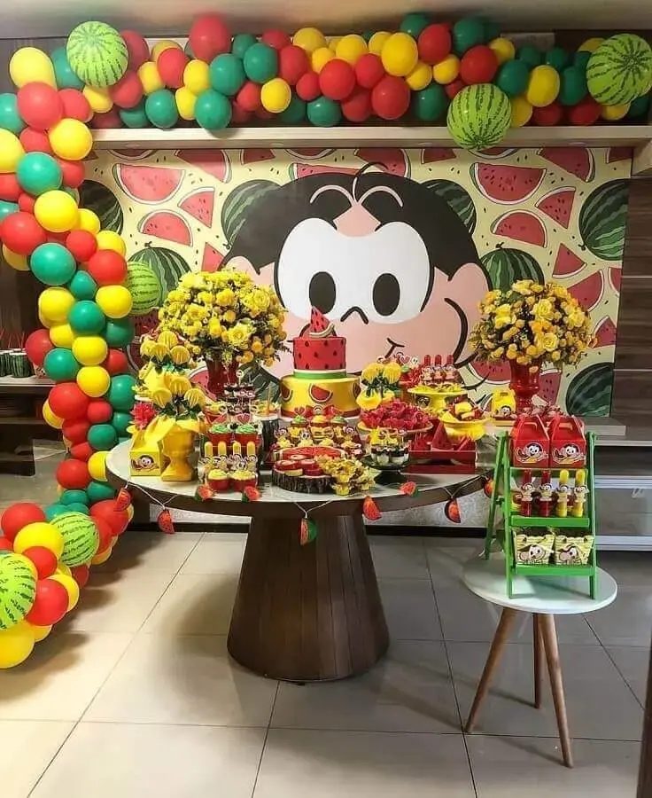 mesa de festa da magali decorada com arranjos de flores e balões Foto Pinterest