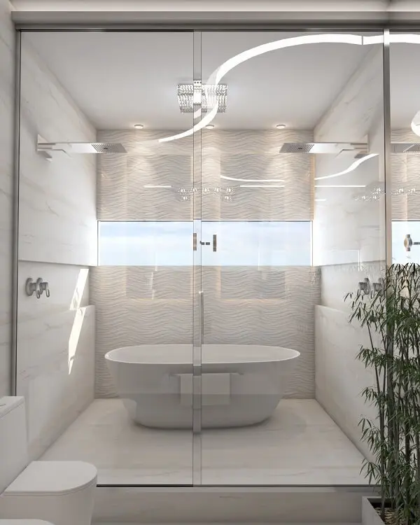 O revestimento 3D para banheiro em forma de ondas traz movimento para a decoração