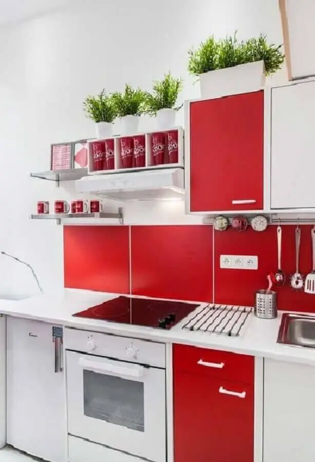 armário de cozinha branco e vermelho simples Foto Pinterest
