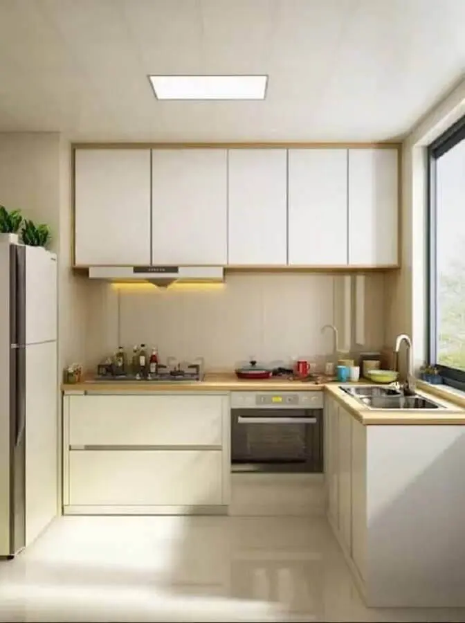 armário de cozinha pequeno branco com detalhes em madeira Foto Pinterest
