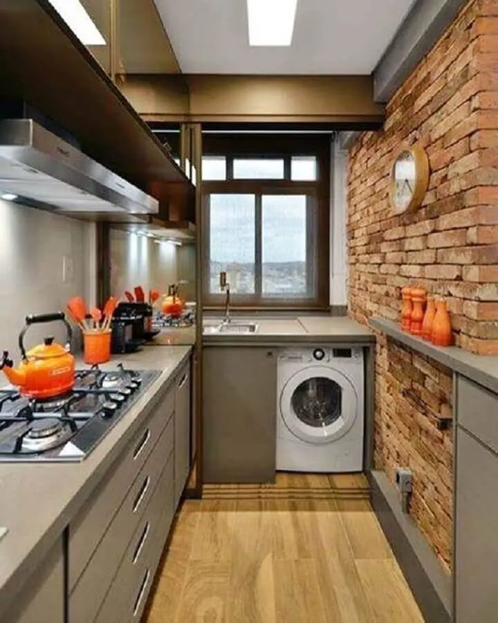 bancada para cozinha pequena com parede de tijolinho rústica Foto Simples Decoração