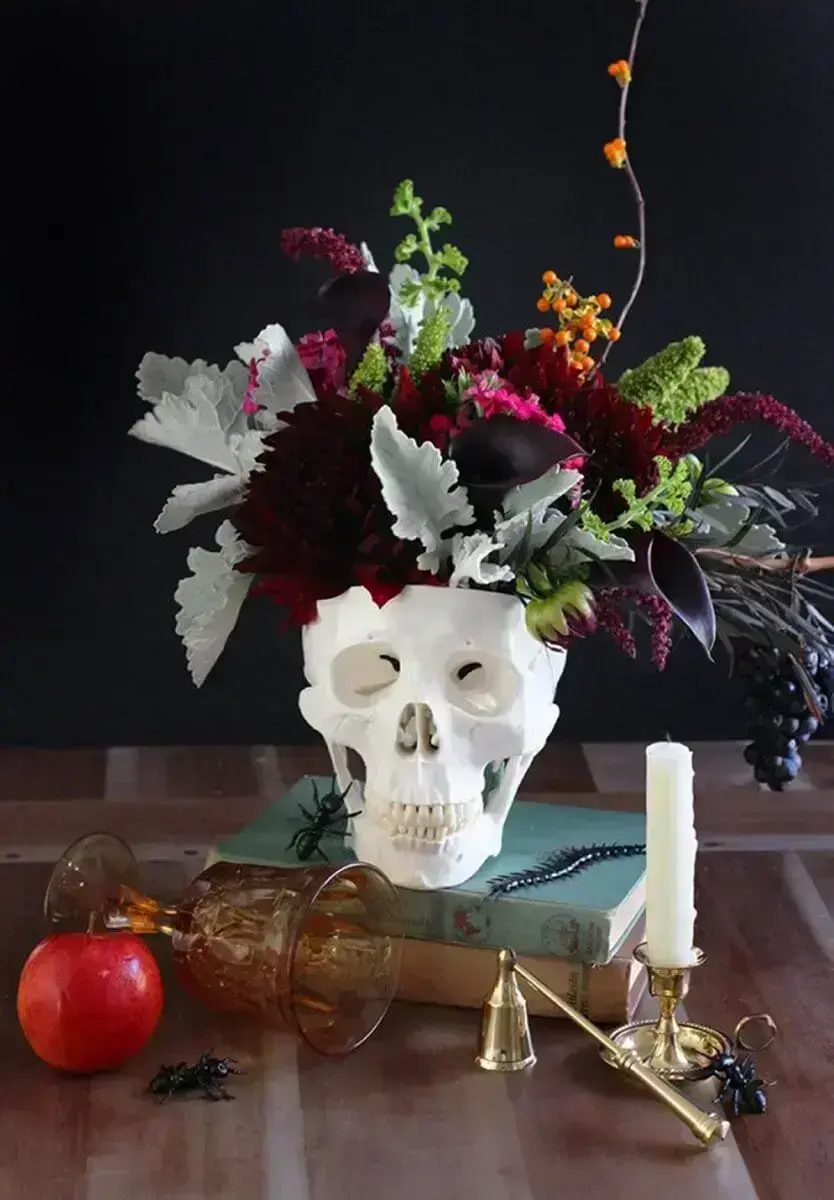 skull as a flower vase for halloween decoration