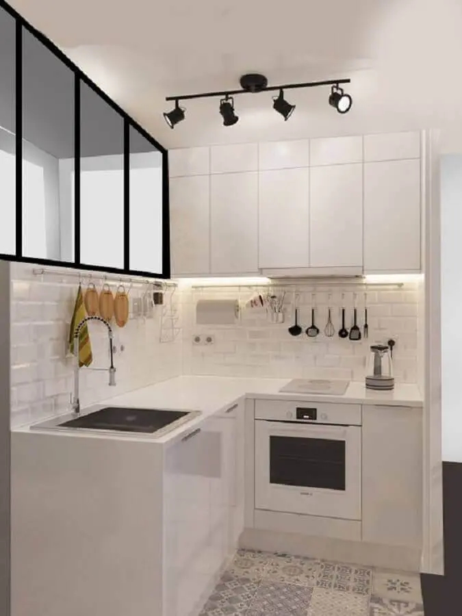decoração clean com armário de cozinha branco pequeno de canto Foto Houseminds