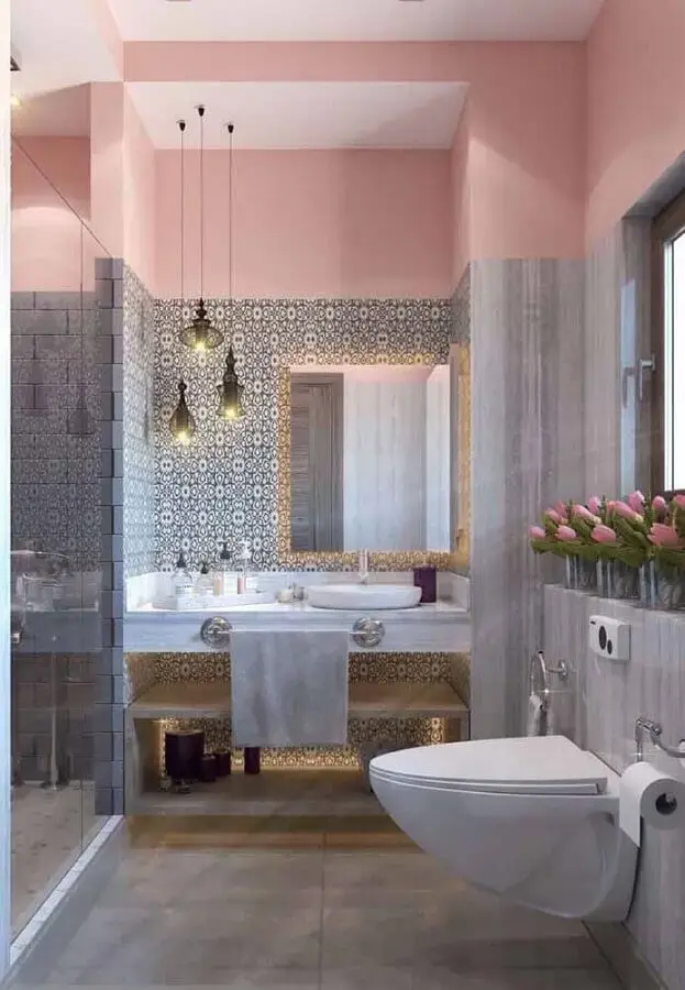 decoração de banheiro cinza e cor rosa claro Foto Pinterest