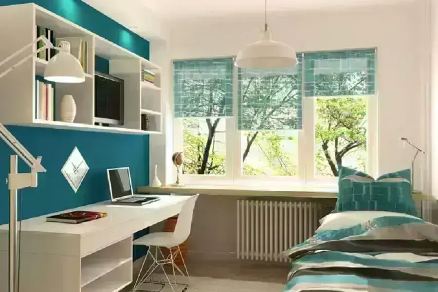 decoração de quarto de adolescente masculino simples azul e branco Foto Pinterest