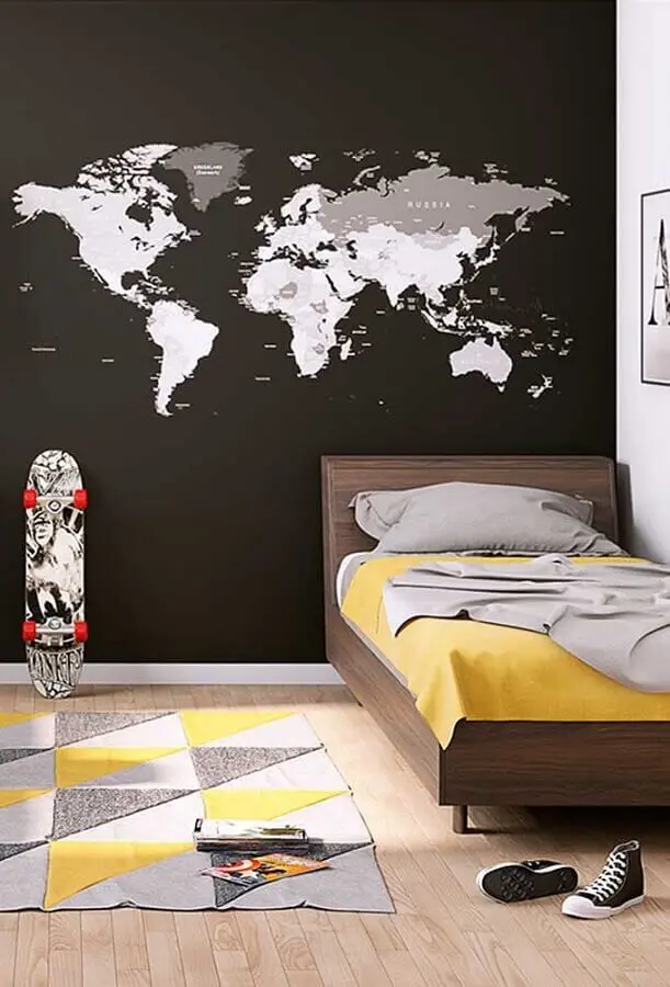 decoração de quarto de adolescente masculino simples com mapa para parede preta Foto Ideias Decor