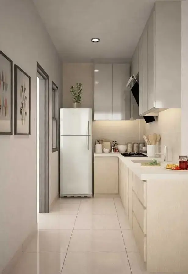 decoração em cores neutras com armário de cozinha de canto pequeno planejado Foto Pinterest