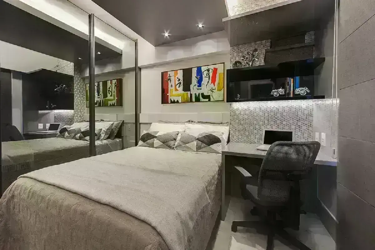 decoração moderna de quarto de adolescente masculino planejado em tons de cinza Foto Tânia Povoa