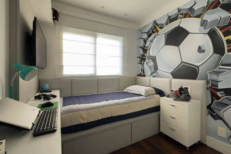 decoração quarto de adolescente masculino planejado com tema futebol Foto LAM Arquitetura & Interiores