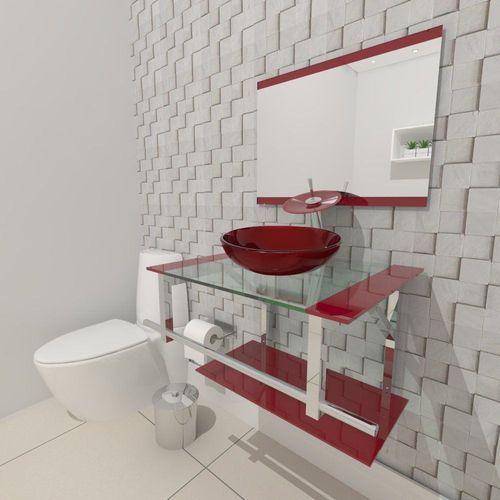 Gabinete para banheiro de vidro com detalhes em vermelho