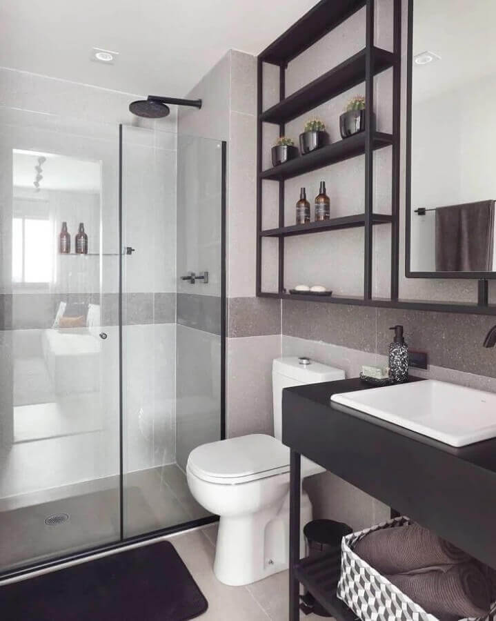 prateleira de ferro industrial para banheiro branco e cinza moderno Foto Mandril Arquitetura