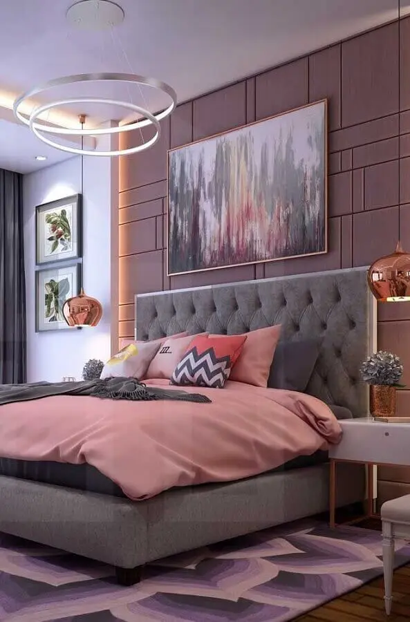 Decoração moderna com quadros para quarto feminino cinza e rosa Foto Pinterest