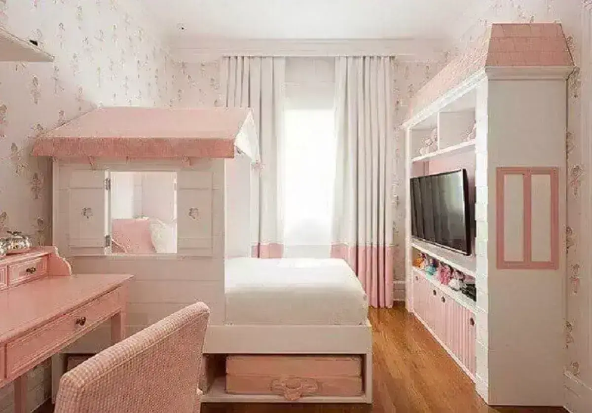 Decoração para quarto infantil completo feminino branco e rosa Foto Maria Brasil Arquitetura e Interiores