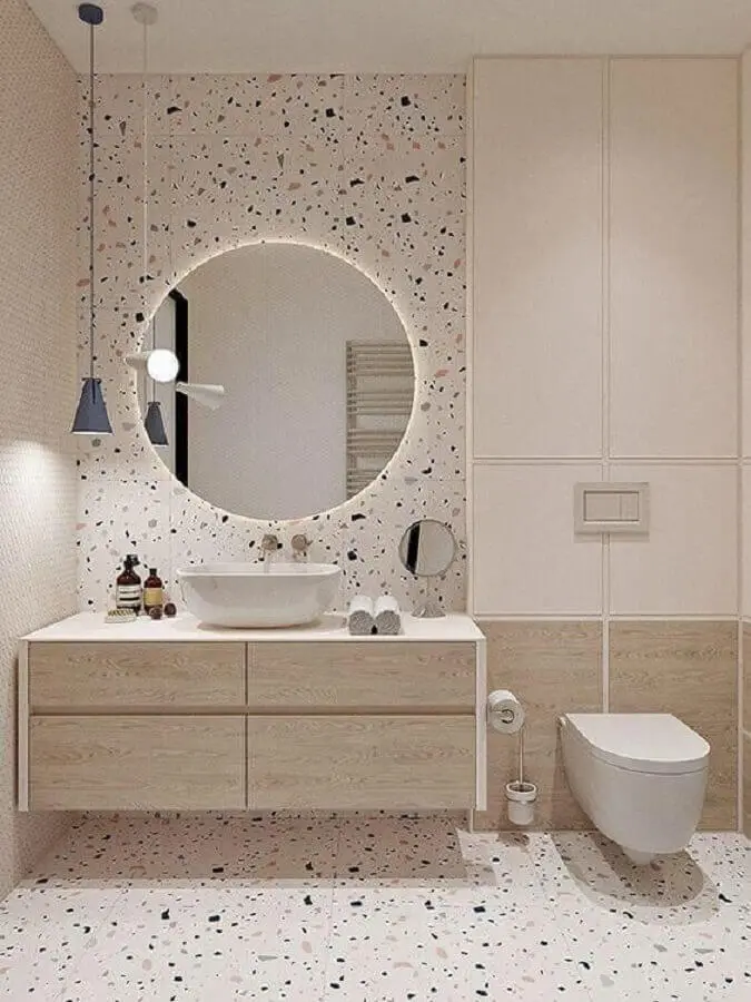 banheiro branco moderno decoardo com iluminação embutida para espelho redondo para banheiro Foto Futurist Architecture